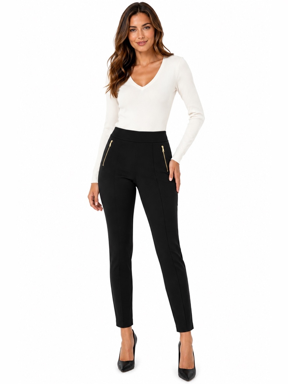 INC Black High Rise Slim Leg Women’s Pants 10 Gold Zipper Stretch Workwear